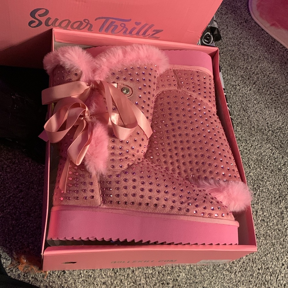Sugar thrillz dolls kill pink snowflake rhinestone cadet booties